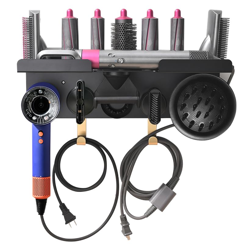Wall Mount Holder with Dyson Airwrap Styler HD16 Hair Dryer, Magnetic adsorption Organizer for Storage Attachments, Rack with Hooks for Accessories Nozzles Barrels Brushes