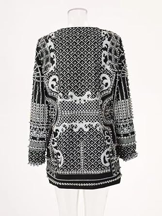 Elegant Pearl Beaded Blazer Dress for Women Deep V Neck Loose Fit Long Sleeve Female Fashion Jacket Wedding Prom Party