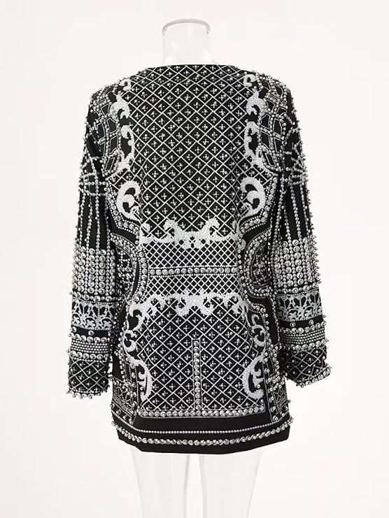 Elegant Pearl Beaded Blazer Dress for Women Deep V Neck Loose Fit Long Sleeve Female Fashion Jacket Wedding Prom Party