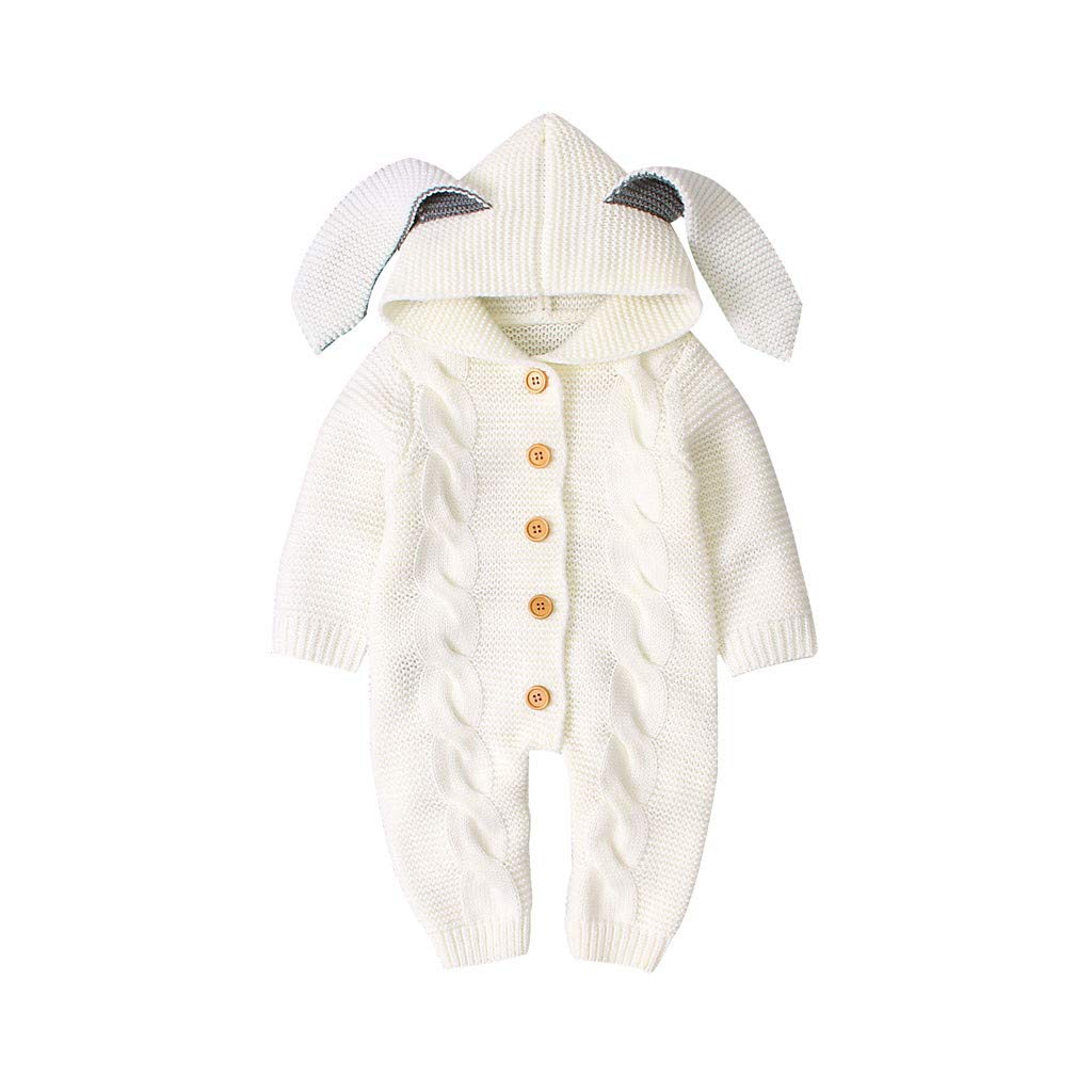 RNTOP Newborn Baby Girl Boy Sweater Romper Long Sleeve Bunny Ear Hooded Jumpsuit Infant Knitted (White, 6-12 Months) b228p