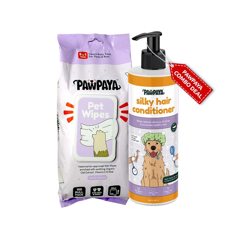 Grooming Combo of 1 Pawpaya Silky Hair Dog Conditioner 250ml, with SOYA & Chamomile extracts That Nourish and Strengthens Hair and 1 Pack of 5 in 1 Pet Wipes Suits All Breeds and Size (B0C9HMF2RQ) Amazon Price History, Amazon Price Tracker
