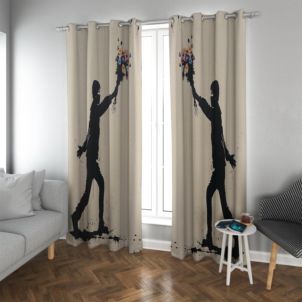 Rideaux occultants contre le vis-à-vis fleur silhouette noire salon 2 pces