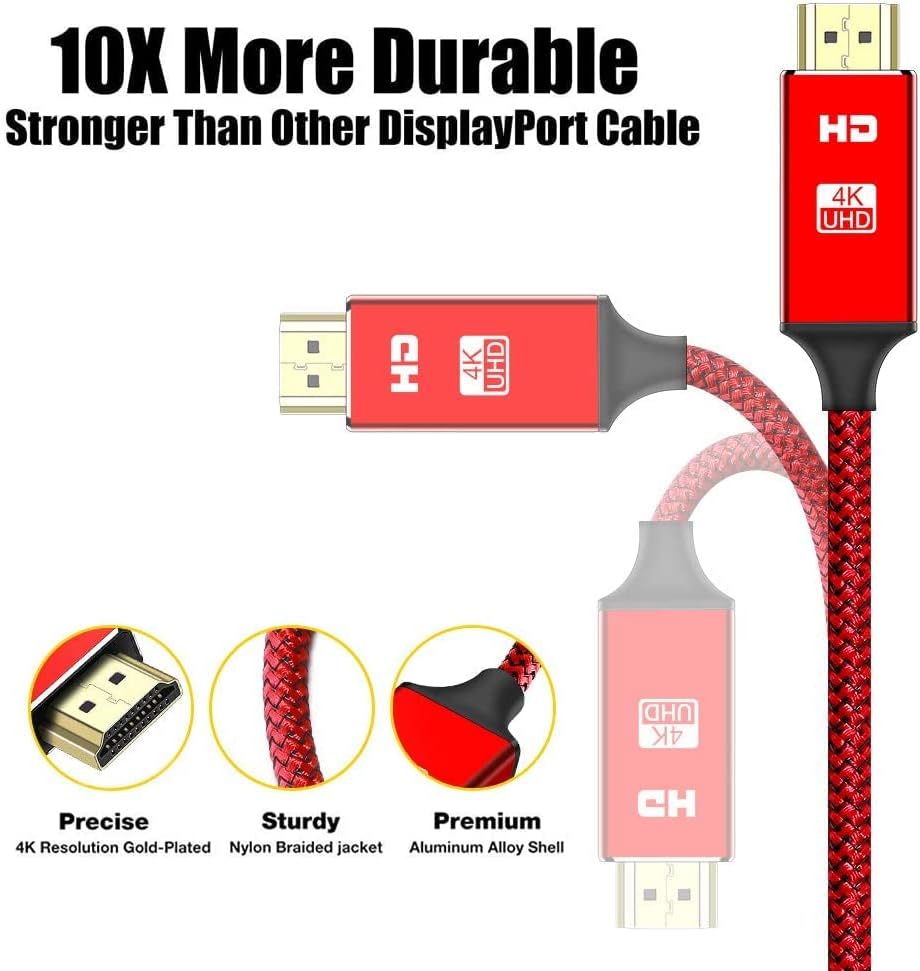 Capshi 4K DP to HDMI Cable 6 Feet, [UHD] Uni-Directional Nylon Braided Gold-Plated DisplayPort to HDMI Cord Display Port to HDMI Male Connector -RED