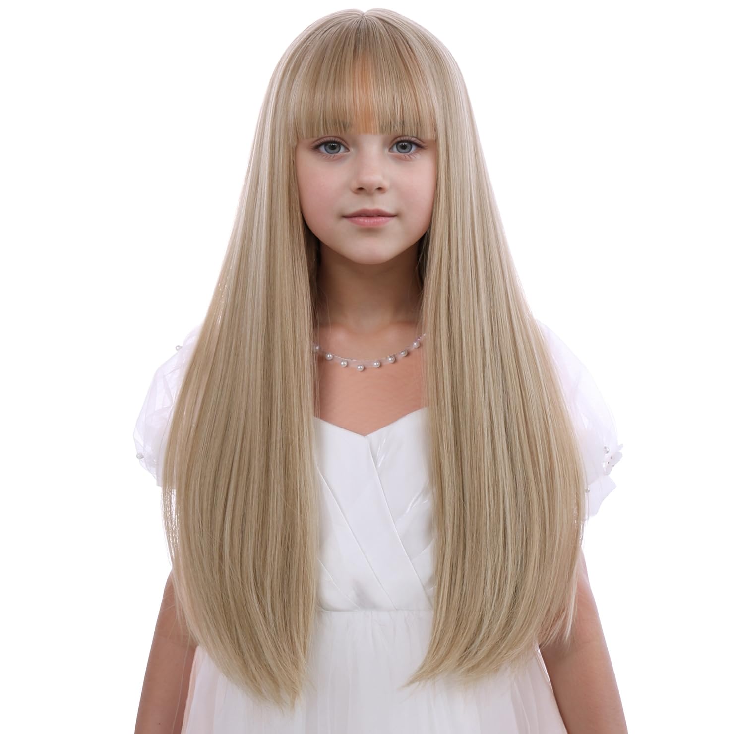 Girls Dirty Blonde Straight Wig Long Flaxen Blonde Wig with Bangs for Kids Children Long Heat Resistant Synthetic Wigs