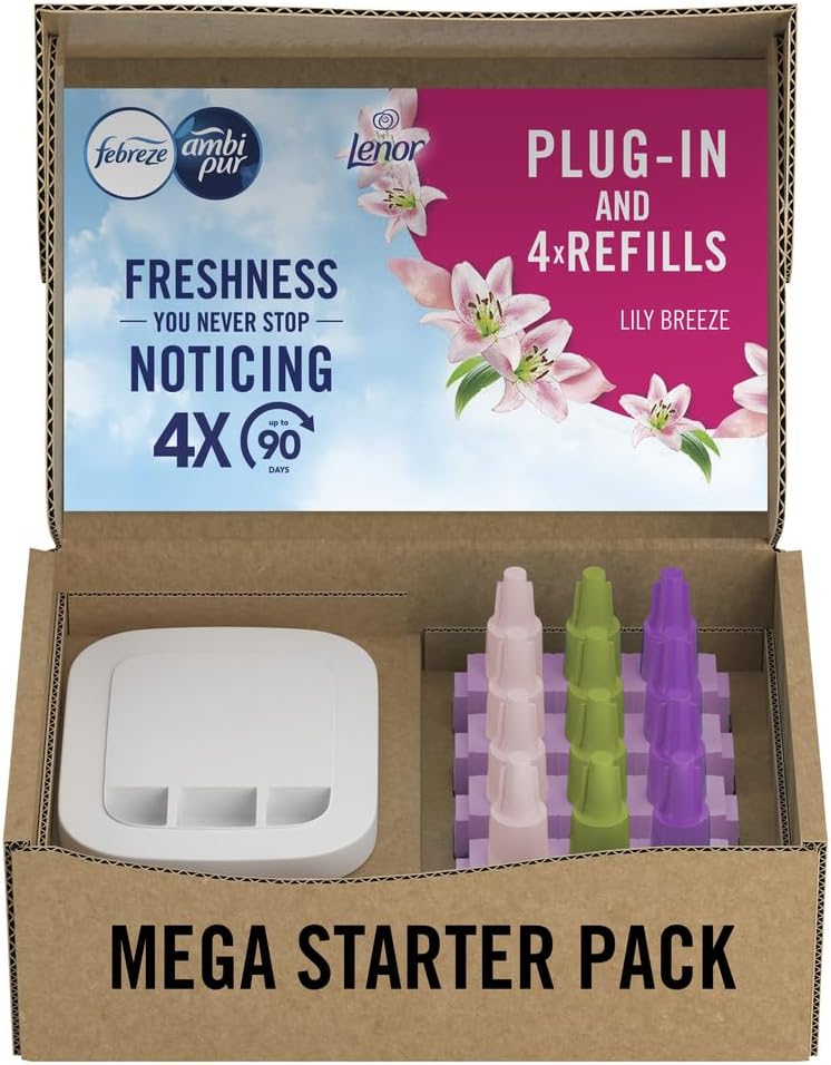 Febreze 3Volution Plug In Air Freshener Starter Kit + 4 Refills, Odour Fighter & Bathroom Air Freshener, Lily Breeze, Plug In Air Freshener Refills 3Volution