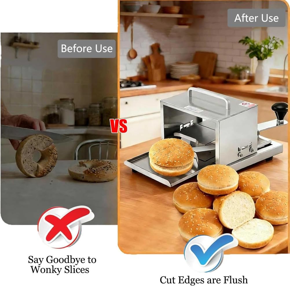 Manual Commercial Hamburger Bread Slicer Machine, Push-Pull Stainless Steel Bread Slicer Cutter with Stainless Steel Blade & 4 Cutting Thickness, Fast Production Time, Simple Operation, for Bakeries