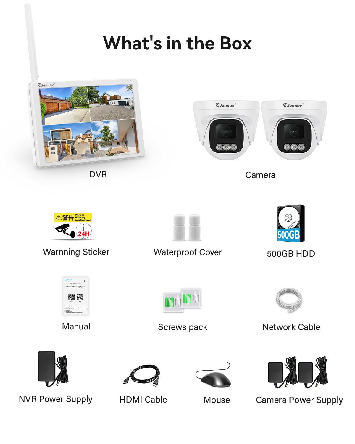 Jennov 5MP Kit Telecamere WiFi Esterno con 10" Monitor 10CH 5MP NVR, 2X5MP Telecamera IP, Angolo Ampio Di 120°, Visione Notturna a Colori, Rilevamento Persona, Registrazione 24/7, Disco 500GB Vista