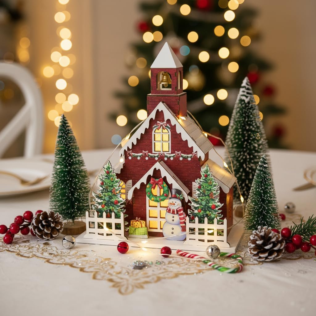Wooden Lighted Christmas Church Decor-11.8" Xmas Village Chapel with Bell Tower, LED Lights, Snowman-Battery Operated Rustic Farmhouse Tabletop Centerpiece for Mantel Holiday Home Decor