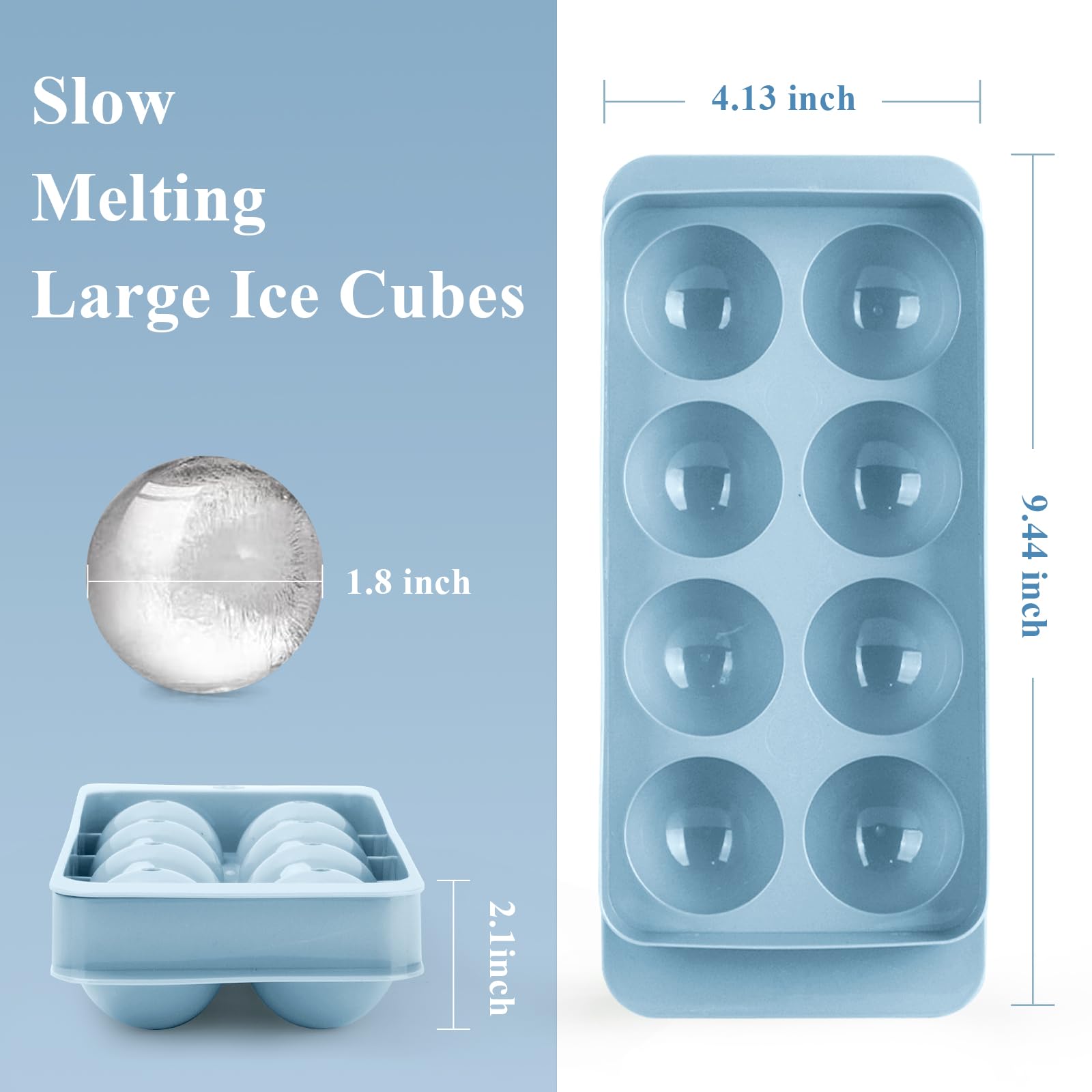 Molde redondo para cubitos de hielo, 8 cubitos de hielo de whisky de 1.8 pulgadas, bandeja circular para cubitos de hielo con tapa, molde grande para hacer bolas de hielo, moldes grandes para