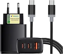 Carregador Turbo 65W com 3 Entradas (2 USB-C Turbo de 65W, 30W e 1 USB-A de 25W) + Cabo USB-C de 1m – Carregamento Rápido, Compatível com iOS, Android, Tablets e Todos os Dispositivos com USB Tipo-C