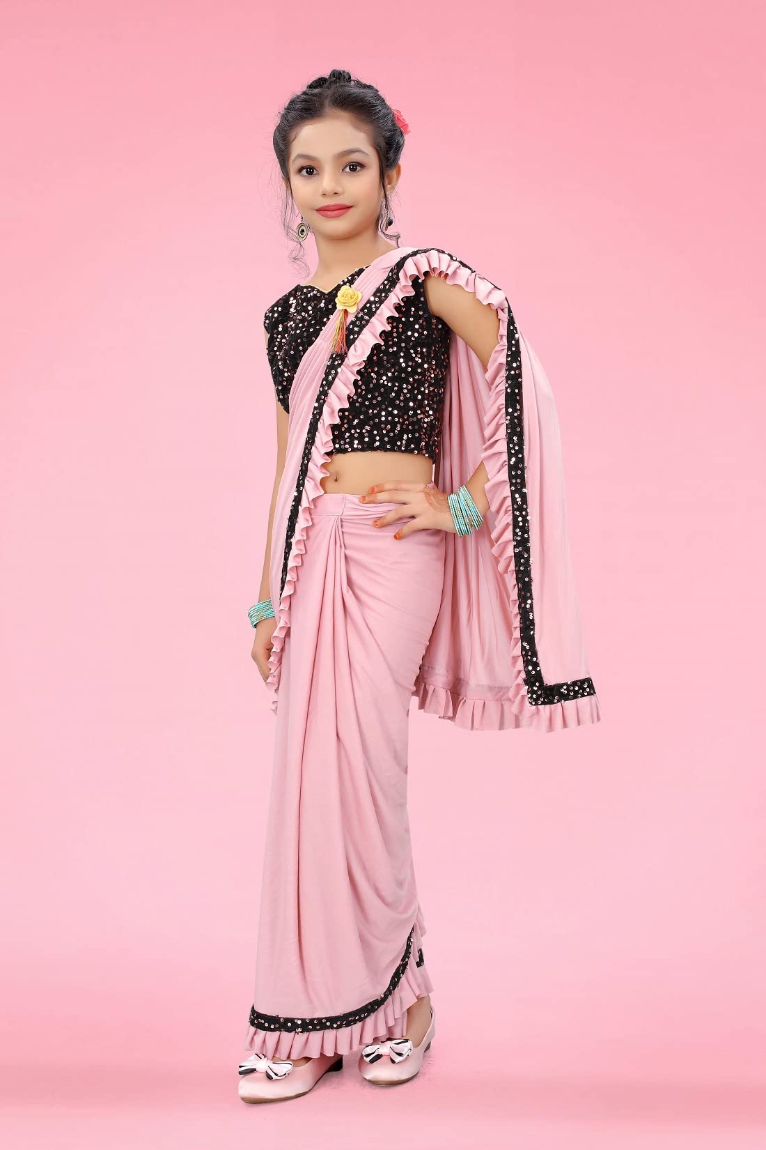 Dhyey fashion Girls Lycra Blend Ruffle Pattern Saree With Velvet Unstitched Blouse Piece - Image 3 thumbnail