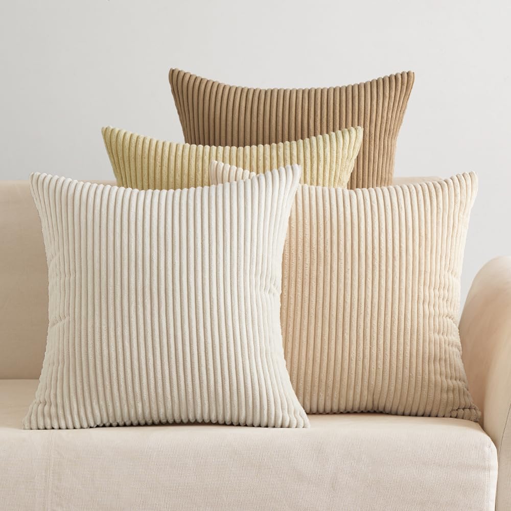 EMEMA Kissenbezug 50x50 cm Kordsamt Kissenbezüge 4er Set Dekokissen Sofakissen Kord Kissenhülle Zierkissenbezug Dekorative Cord Kissen Weiche für Sofa Wohnzimmer Schlafzimmer Beige Serie