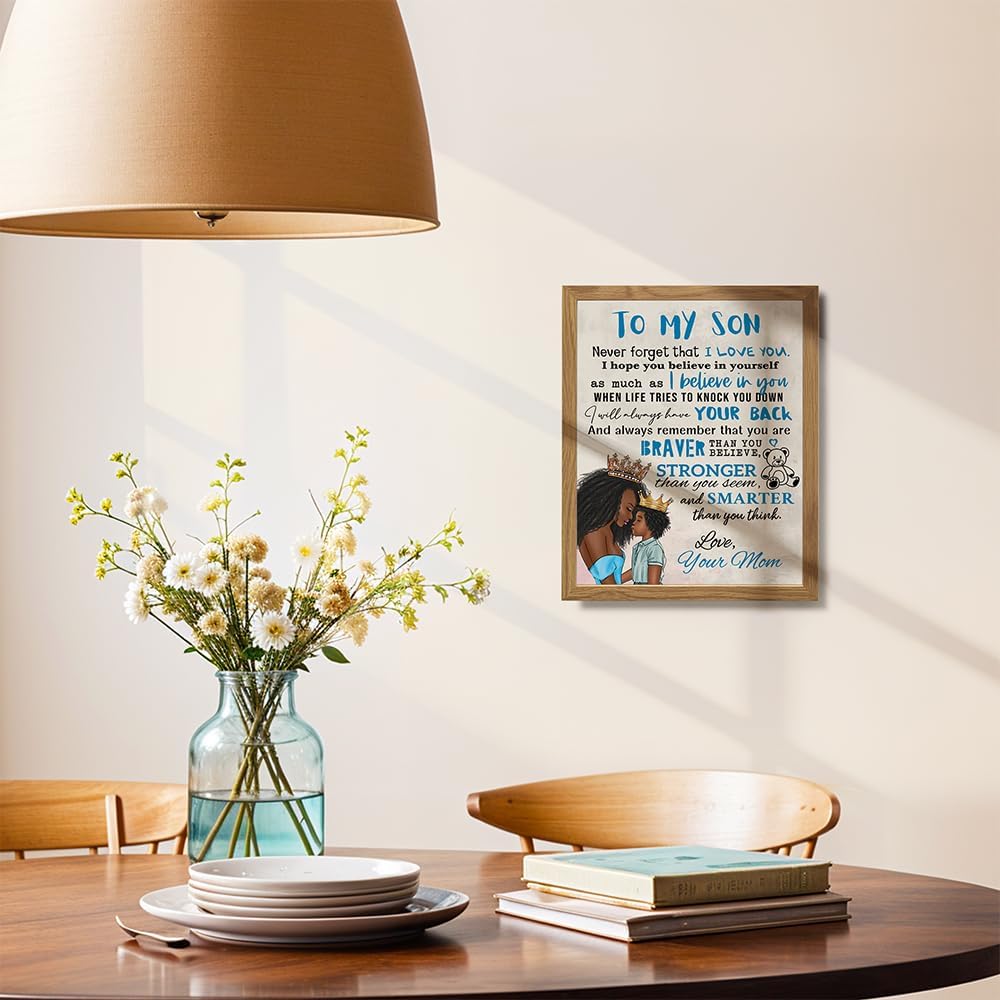 Boys Bedroom Decor FRAMED - Black Art - African American Art - To My Son Gifts from Mom - Little Boys Room Decor - Wall Art Print - Blue Baby Nursery Picture - Kids Room - Family Picture