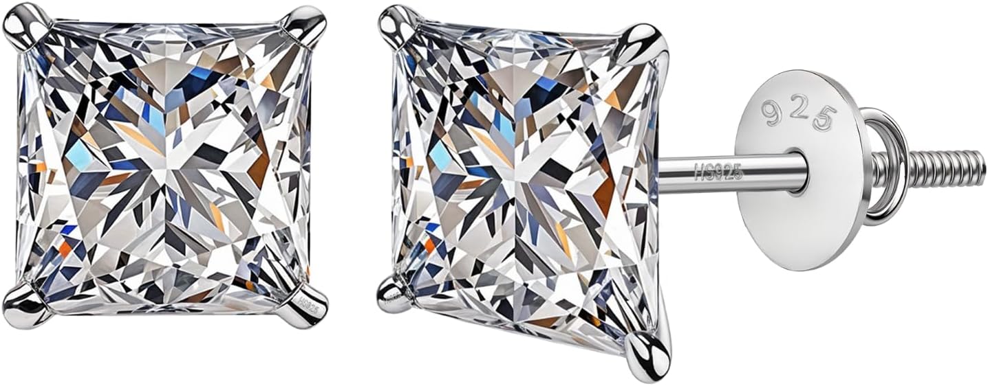 HighSpark925 Silver Solitaire Screwback Stud Earrings | 92.5 Sterling Silver & Square Princess Cut Brilliant Zirconia Tops for Men, Women, Boys and Girls