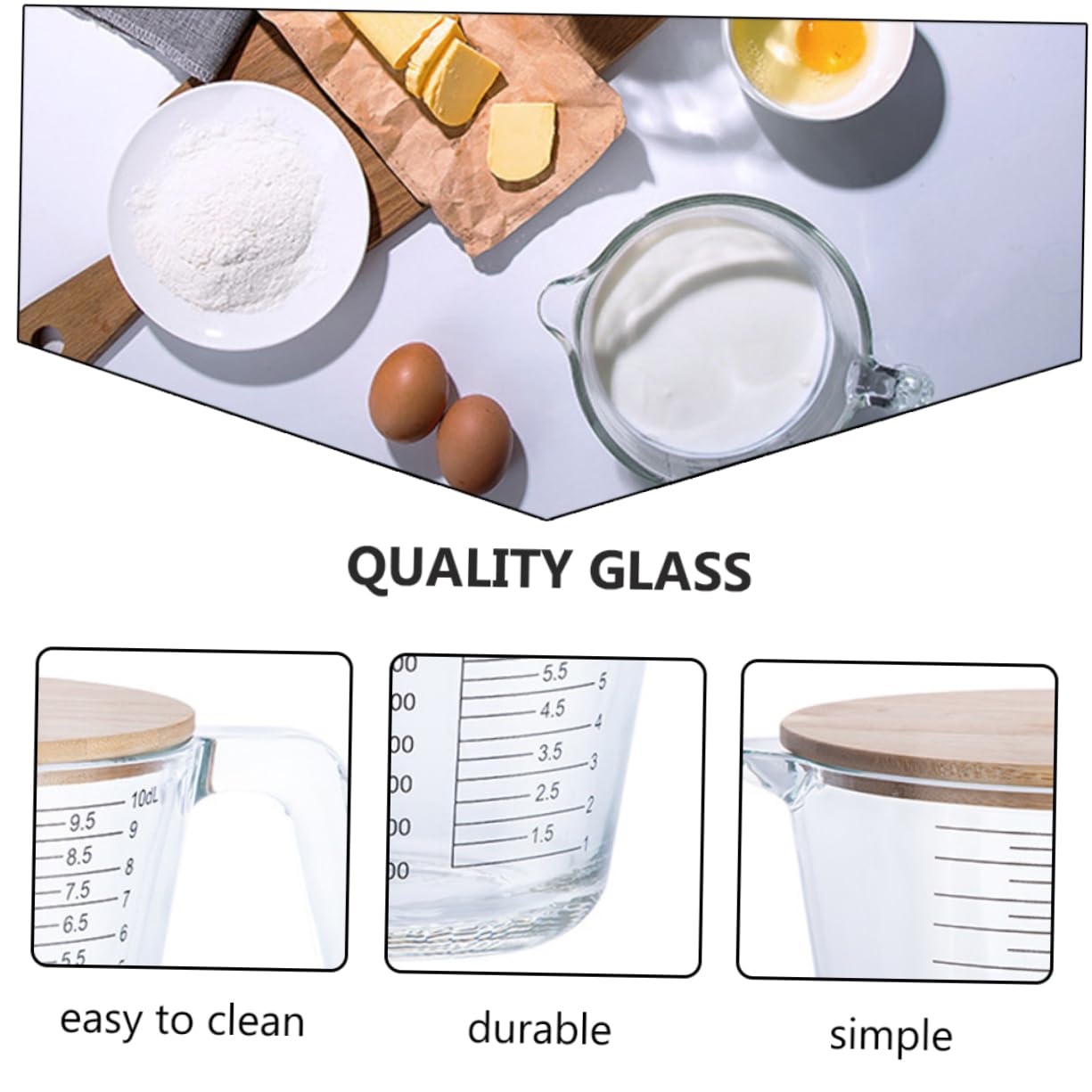 COLLBATH Tasse à Mesurer et Facile à Nettoyer Résistant la Chaleur en Verre avec Couvercle en Bois Réutilisable pour Mesurer Huile et Jus Cuisine