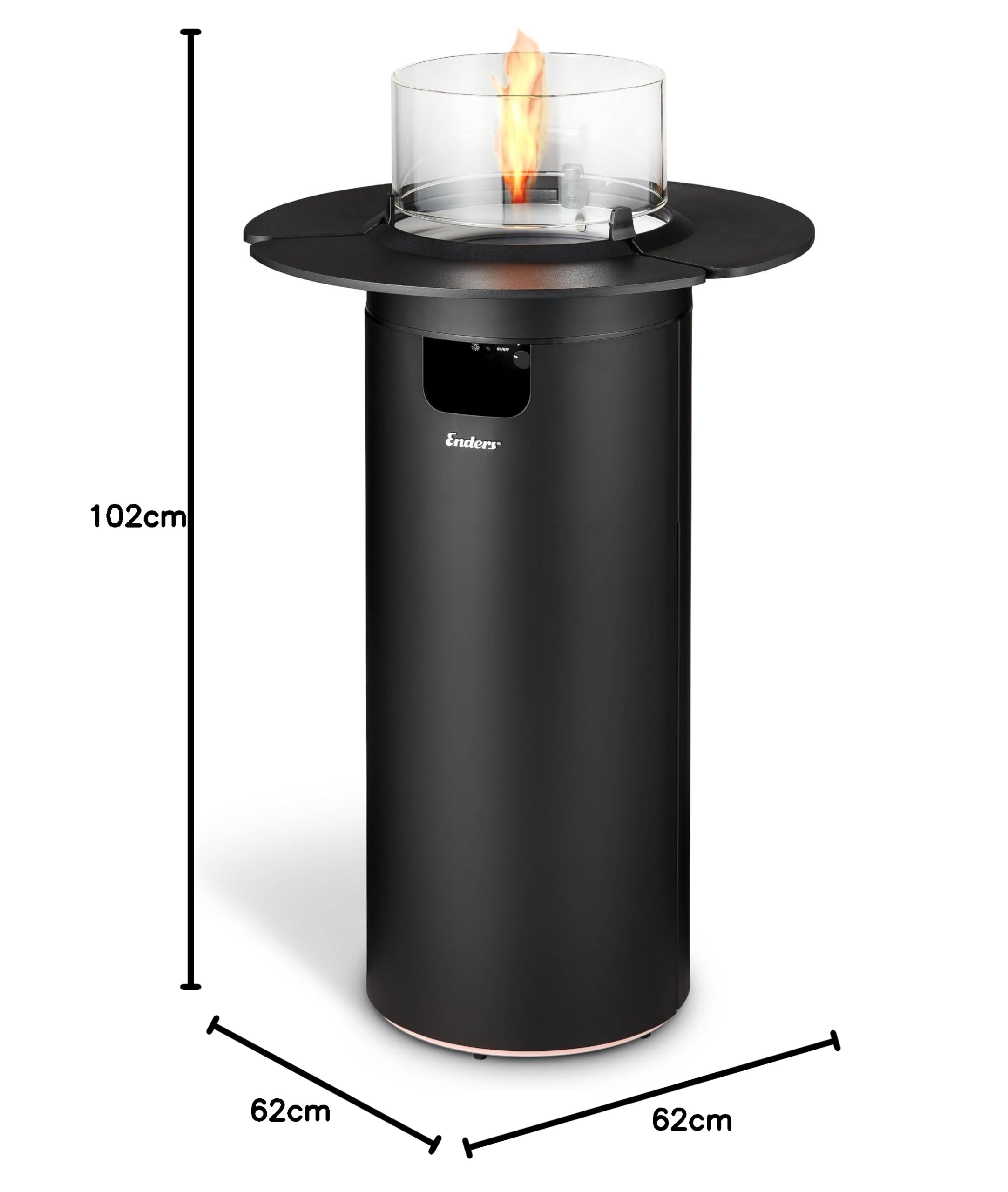 Enders Terrassenfeuer NOVA LED TABLE BLACK L, Gas Terrassenfeuer mit Ambientebeleuchtungen, ECO GREEN Brenner-Technologie und exzellentem Design, H102cm Ø 62cm, Tischablage, Schwarz #5901