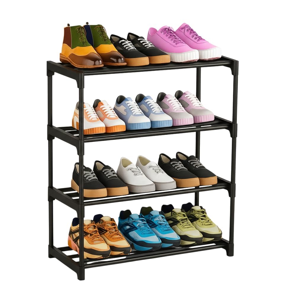 4-Tier Shoe Rack Black Metal Frame Storage Organizer for Entryway, Closet Organization-image-37