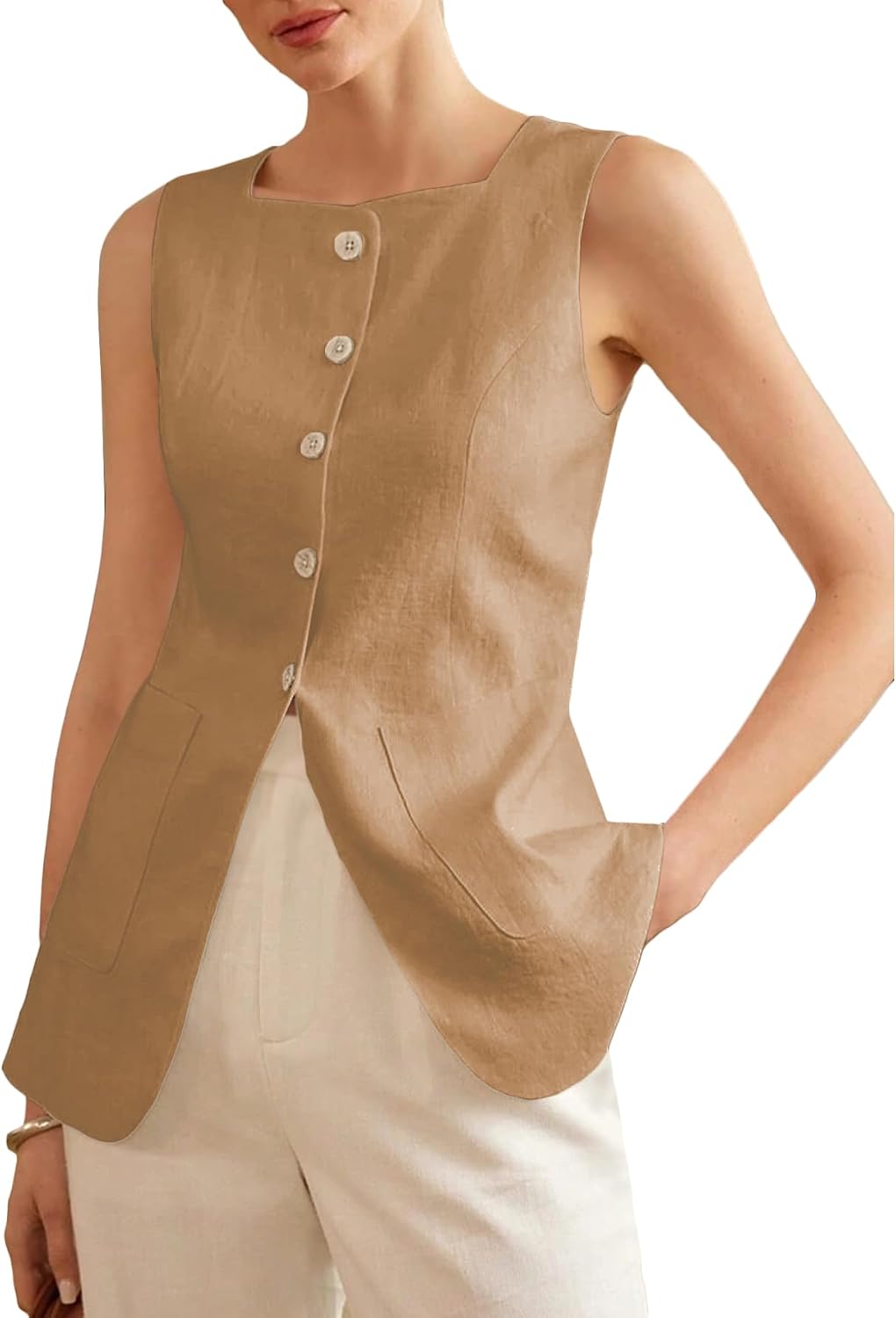 Mina Self 2026 Womens Summer Long Linen Vest Sleeveless Lightweight Fully-Lined Single Breasted Casual Work Tops Pockets