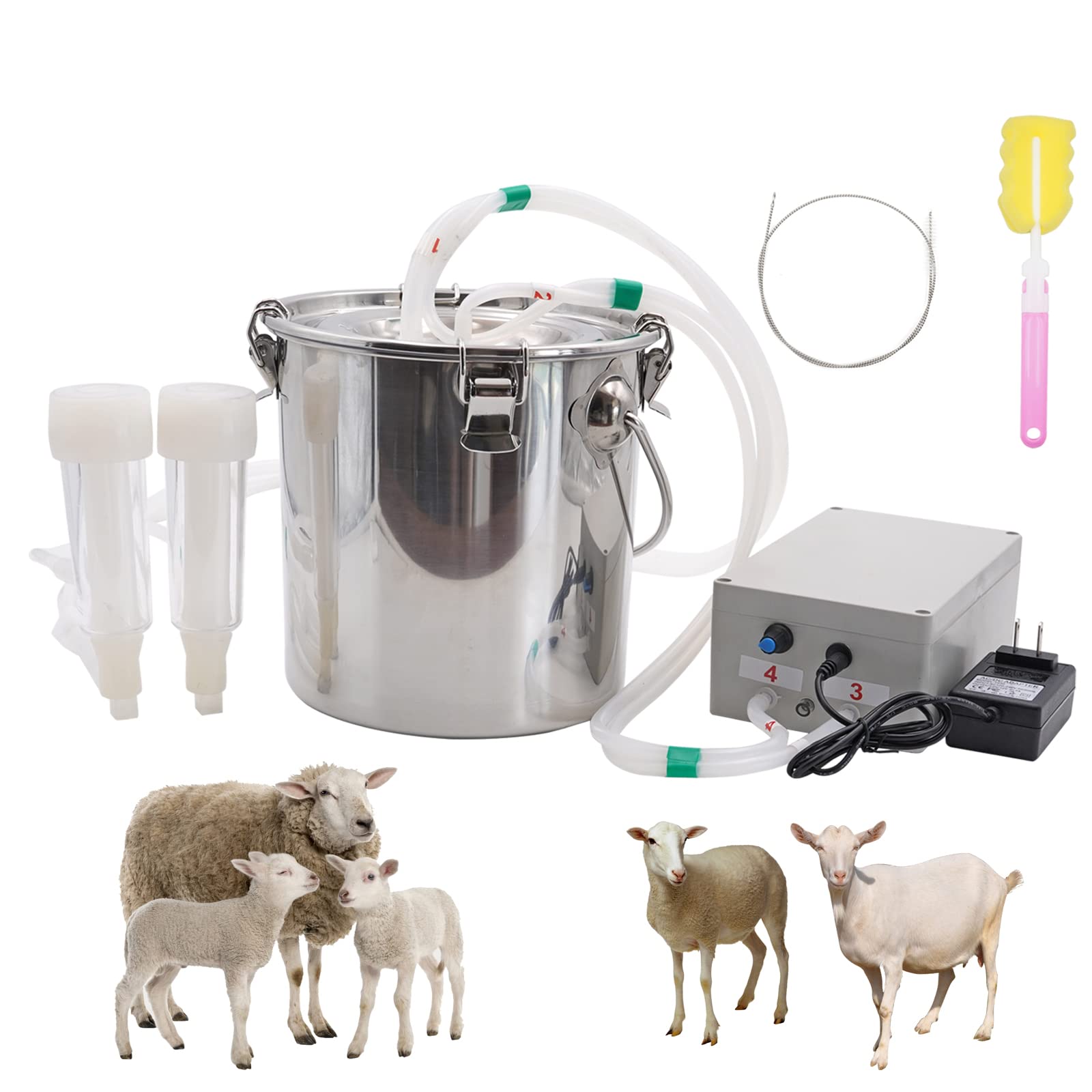 5L Goat Milking Machine Adjustable Pulsation Vacuum Electric Milker, Automatic Pulsating Vacuum Pump Livestock Milking Supplies with Stainless Bucket