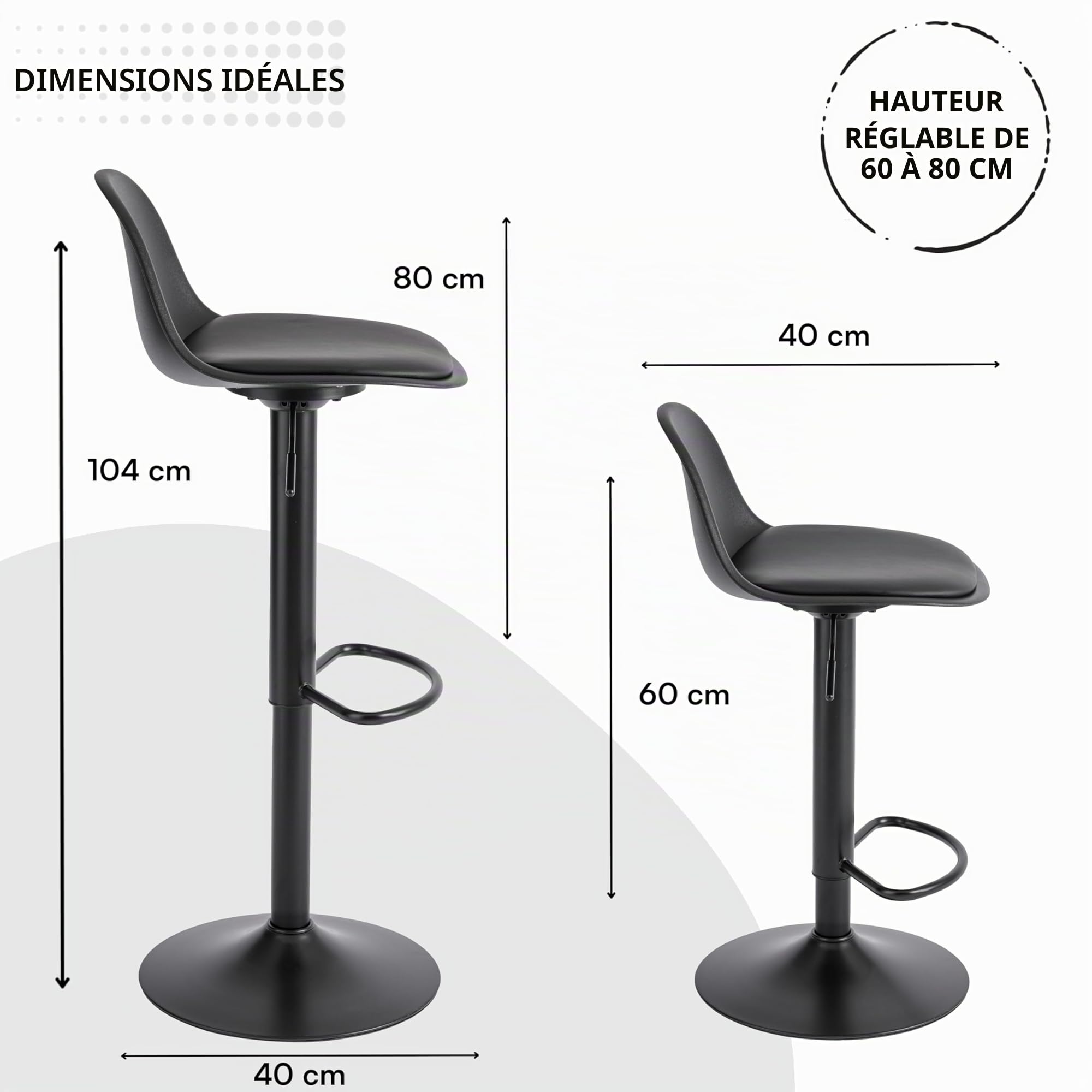 Baroni Home Tabouret de Bar pivotant avec Dossier et Coussin, Chaise Haute avec Hauteur réglable et Repose-Pieds, Fond Anti-Rayures, Salle à Manger, Restaurant, Bar, Noir, 1 pièce, 39x44x82-104 cm