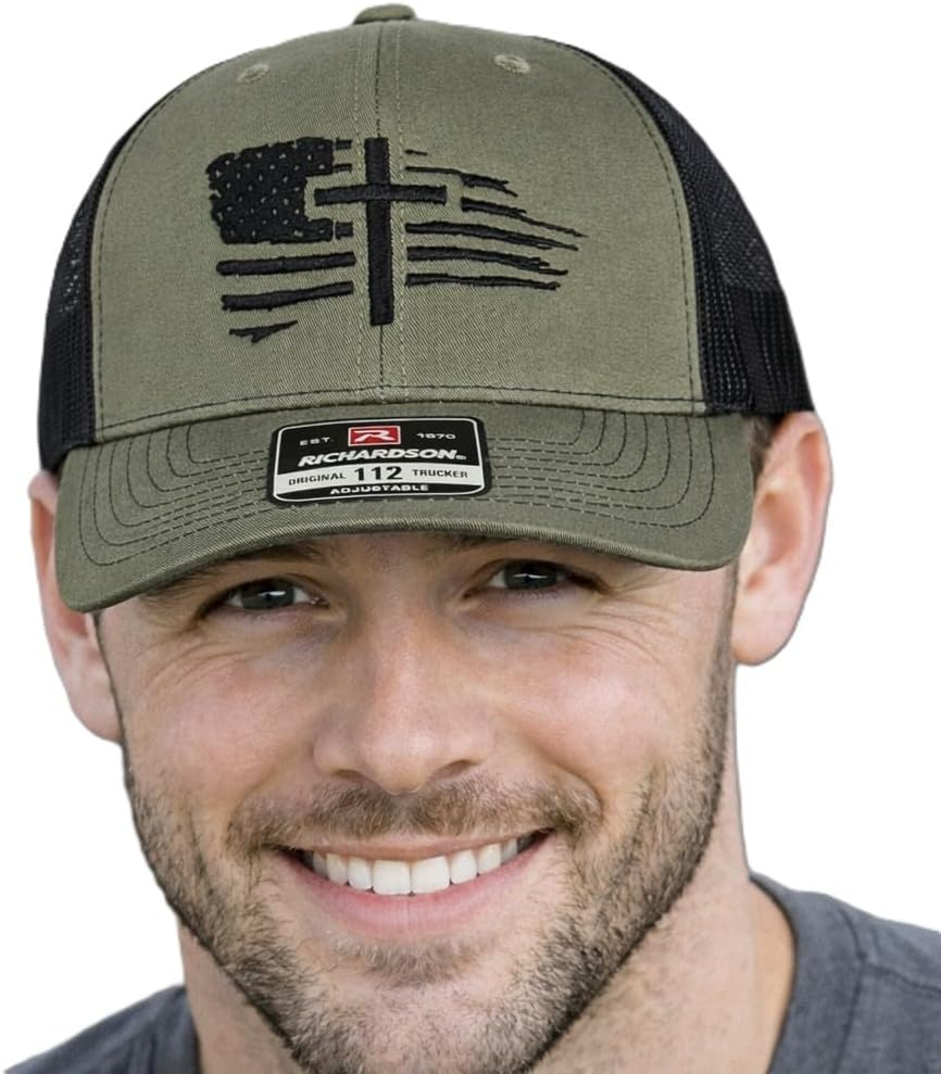 Richardson American Flag and Cross Snapback Hat, Adjustable Fit, Patriotic Design