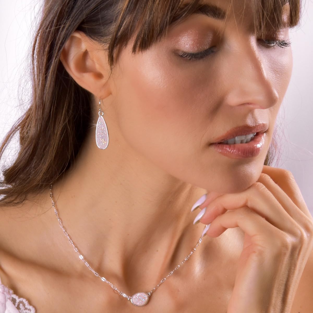 Teardrop Dangle Earrings for Women with Simulated Druzy Stones, in Gold, Rose Gold, or Silver Tone - Image 8