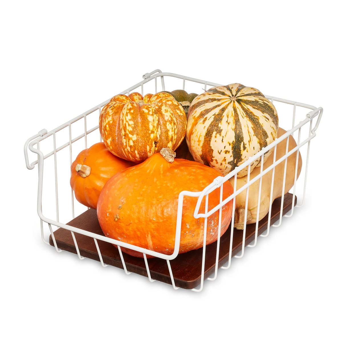 iDesign 95395EU The Ría Safford Collection Wire Basket, Open Front Cupboard Made from Metal and Acacia Wood, Kitchen Storage and Organisation, White and Natural, 18/10 Steel