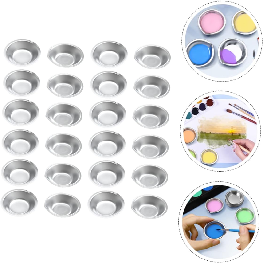 jojofuny 24-Piece Stainless Steel Paint Palette Set Small Round Paint Trays for Artists Model Makers and Craftsmen for Mixing Pigment Painting and Color Blending