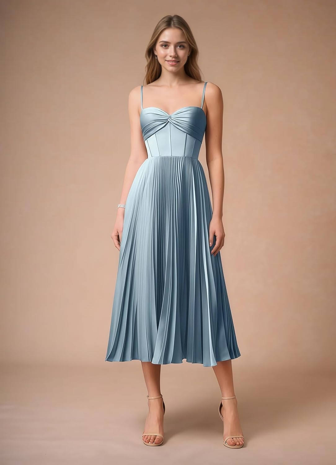 Spaghetti Straps Satin Bridesmaid Dresses for Women A Line Pleated Tea Length Formal Midi Evening Gowns - Image 4