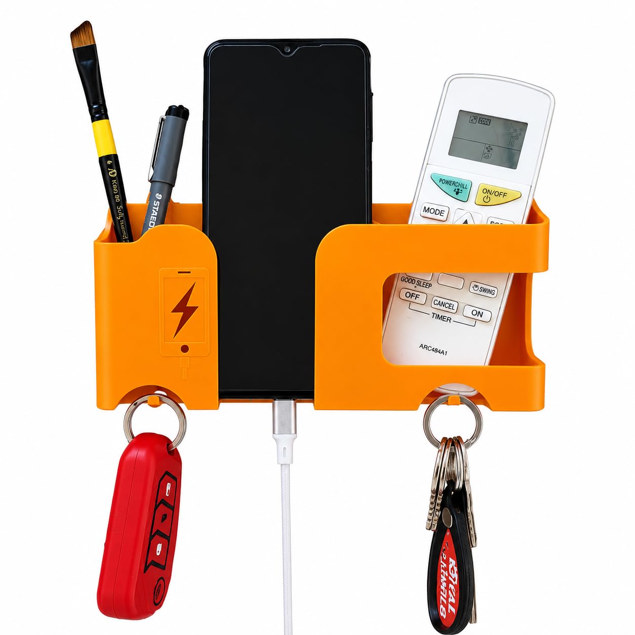 EDNITA Wall Mount Mobile Charging Holder with Storage Box, Self-Adhesive Phone Stand Multi-Purpose Mobile Stand for Wall | Remote Holder | Wall Phone Holder for Charging (Orange - Pack of 1)-picture-10