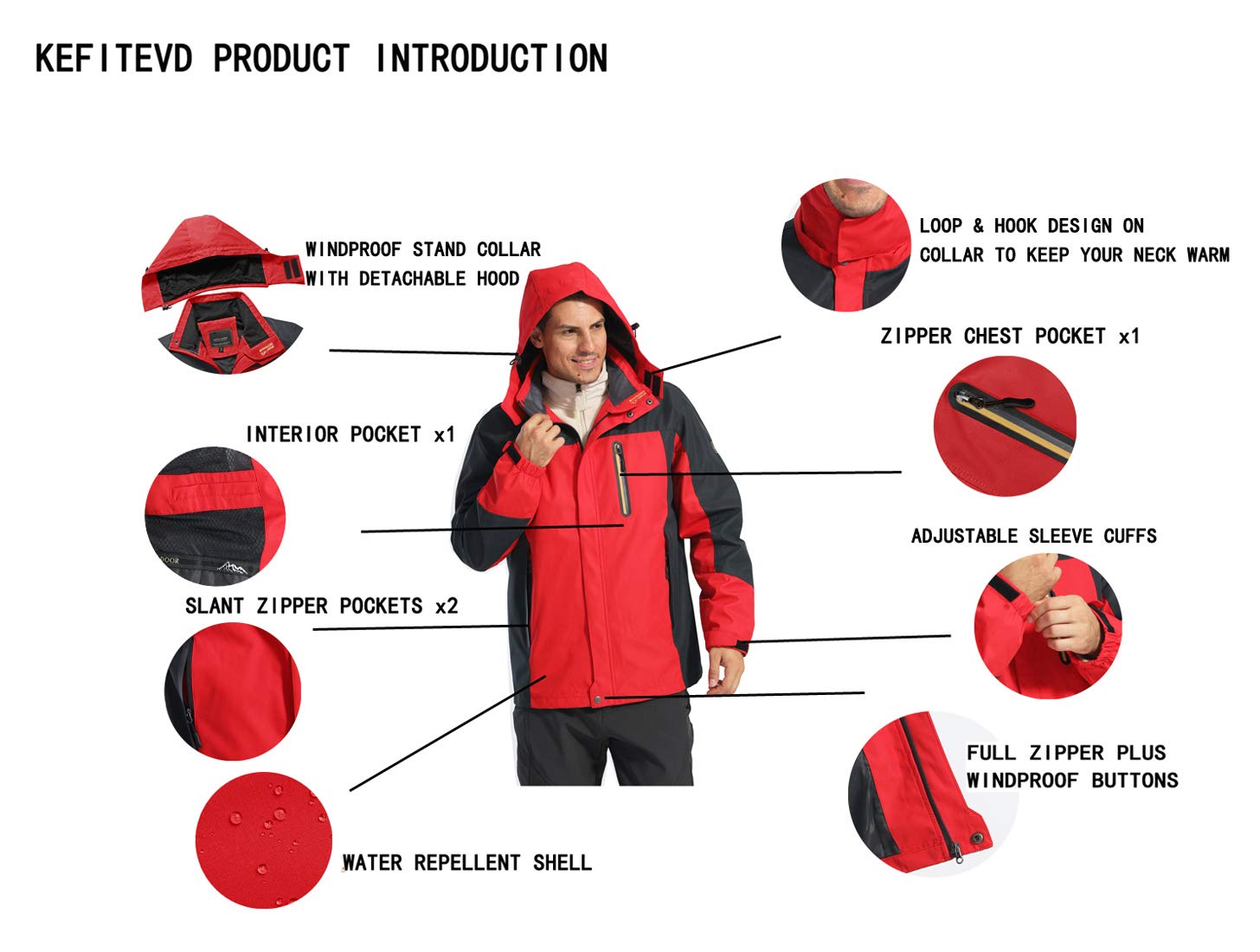 KEFITEVD Chaqueta de senderismo impermeable para hombre con capucha extraíble