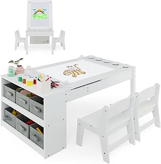 FANTASK Mesa Infantil 3 en 1, Mesa de Madera con 2 sillas, Caballete Blanco con Tablero extraíble con 5 Vasos de Color, 6 recipientes de Tela, Grupo de Asientos para niños con Tablero Impermeable