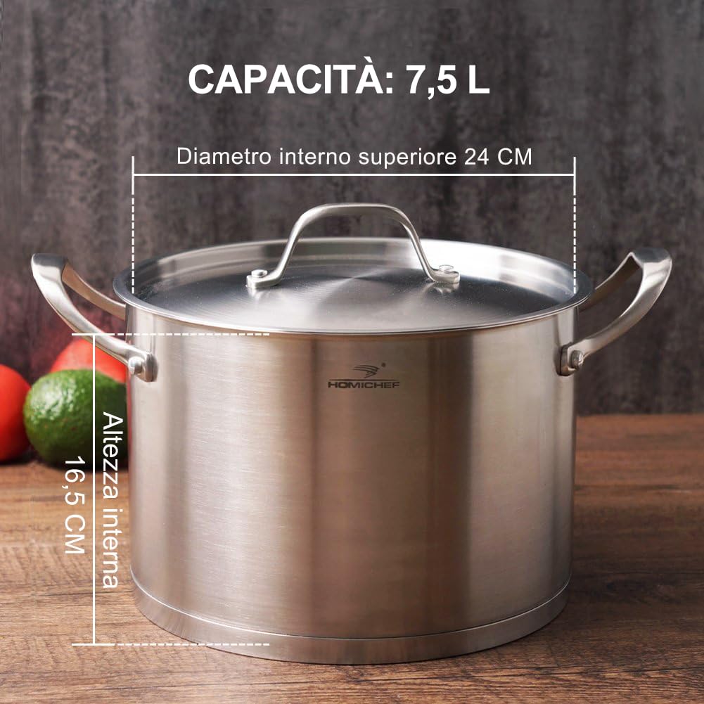 HOMICHEF Pentola in acciaio inossidabile ecologico pesante senza nichel con coperchio (24 cm, 7,6 Litri) - Pentola a induzione - lucidata opaca