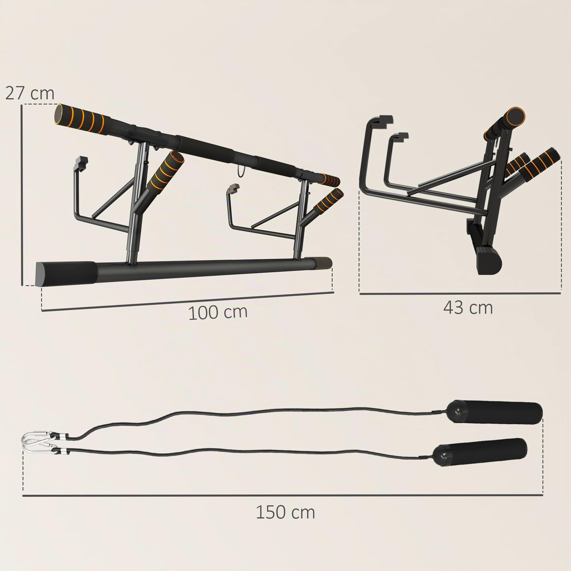 SPORTNOW Barra de Dominadas Multifuncional Barra de Dominadas de Pared con Bandas de Resistencia Carga 150 kg para Ejercicio y Entrenamiento en Casa Gimnasio Negro y Naranja