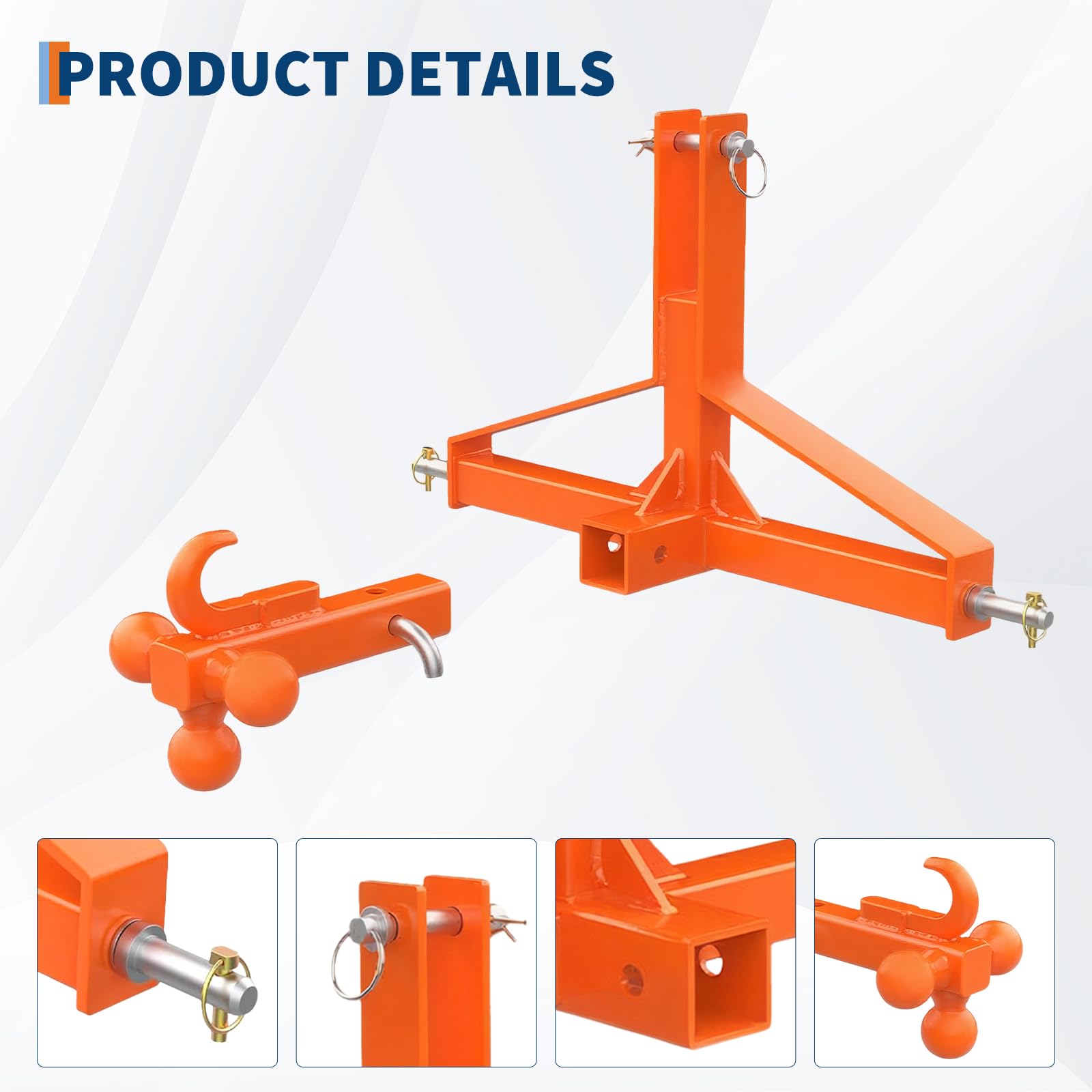 Attelage 3 Points Robuste pour Tracteur – Capacité 4,5T – Acier Carbone – Récepteur 2" et Crochet Boule 4 Directions – Outil Manuel de Jardinage – Compatible Catégorie 1 – Orange, Triangle