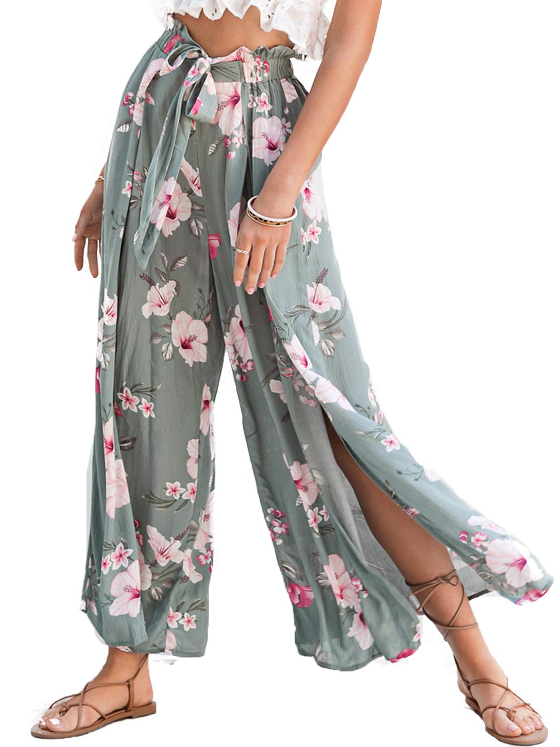 Simplee ApparelSimplee Women's Casual Split Wide Leg Pants High Waist Palazzo Flowy Beach Pants Summer Boho Lounge Pants with Pockets