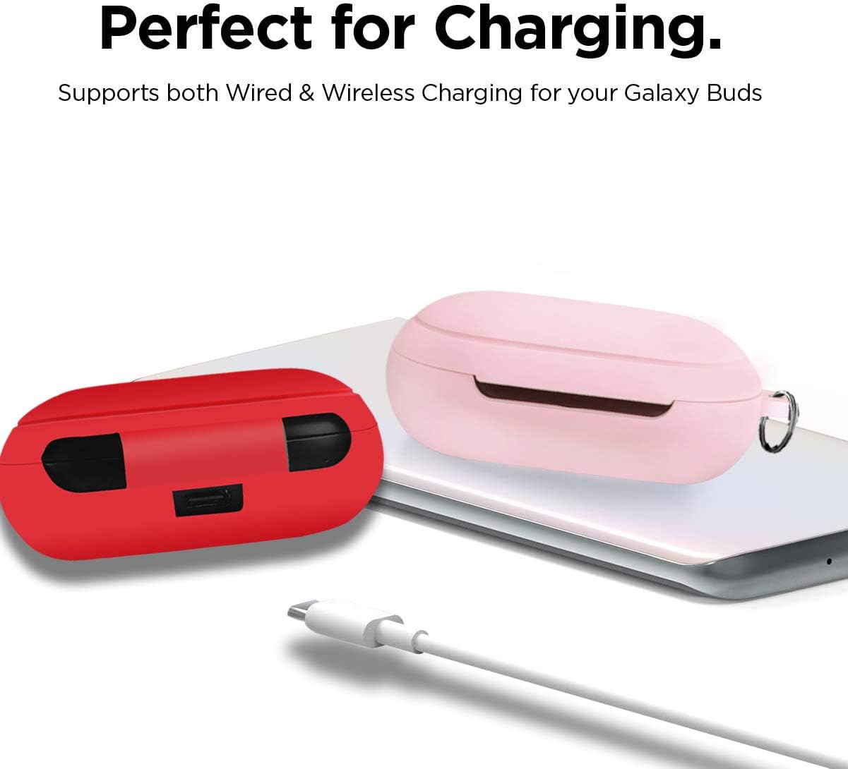 Watruer Galaxy Buds Case Cover, Silicone Protective Earbuds Case with Carabiner Keychain Designed for Samsung Galaxy Buds Plus Case (2020) / Galaxy Buds Case (2019) - Pink