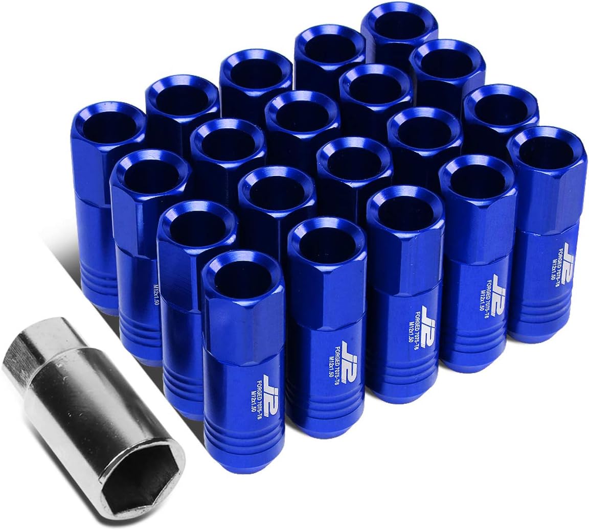 J2 Engineering 20 Pcs 7075 Aluminum Tall Open End M12 x 1.5 Lug Nuts Set w/Socket Adapter, Blue, Fit Conical Seat, LN-T7-009-15-BL
