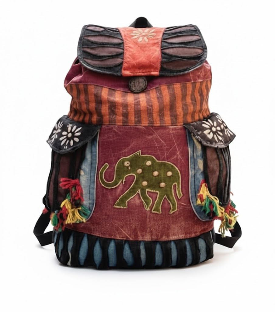 Harrington Marley Indie Elephant Cotton Boho Hippy Backpack – Handmade Patchwork Festival Bag – Retro 60's Style Rucksack for Beach, Travel & Peace Vibes