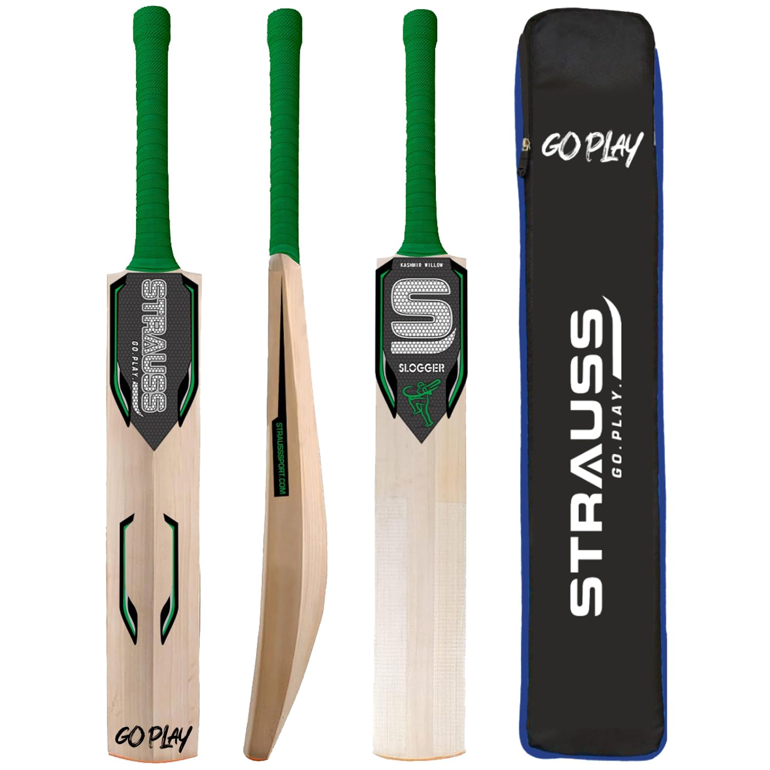Strauss Slogger Cricket Bat Kashmir Willow | Cricket Bat Wooden with Grip for Gully Cricket & Tournament Match | Tennis Ball Cricket Bat Wooden | Cricket Bat Wood Size: Short Handle (1150-1250 Grams)