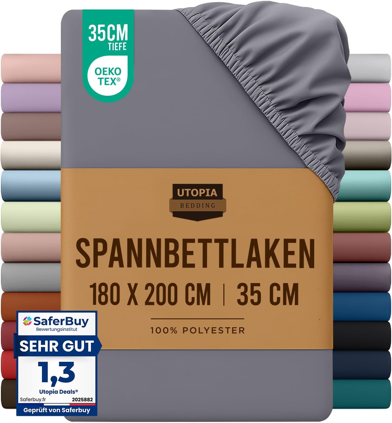 Utopia Bedding - Spannbettlaken 180x200cm - Grau - Oeko-Tex Zertifiziertes Gebürstete Polyester-Mikrofaser Spannbetttuch - 35 cm Tiefe Tasche