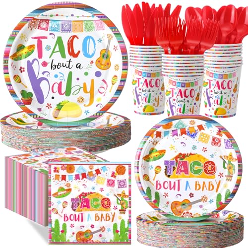 Pickmesh 400 Pcs Taco Bout a Baby Decoration Mexican Birthday Party Supplies with Taco Plates Napkins Cups and Cutlery Fiesta Baby Shower Birthday Party Favors for 50 Guests