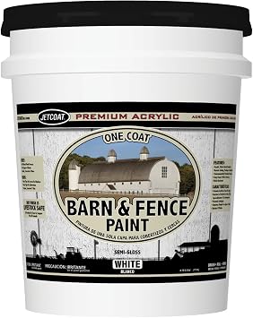 Jetcoat Barn & Fence Paint, 100% Acrylic, One Coat, Fade Resistant, Semi-Gloss, White, 4.75 Gal.