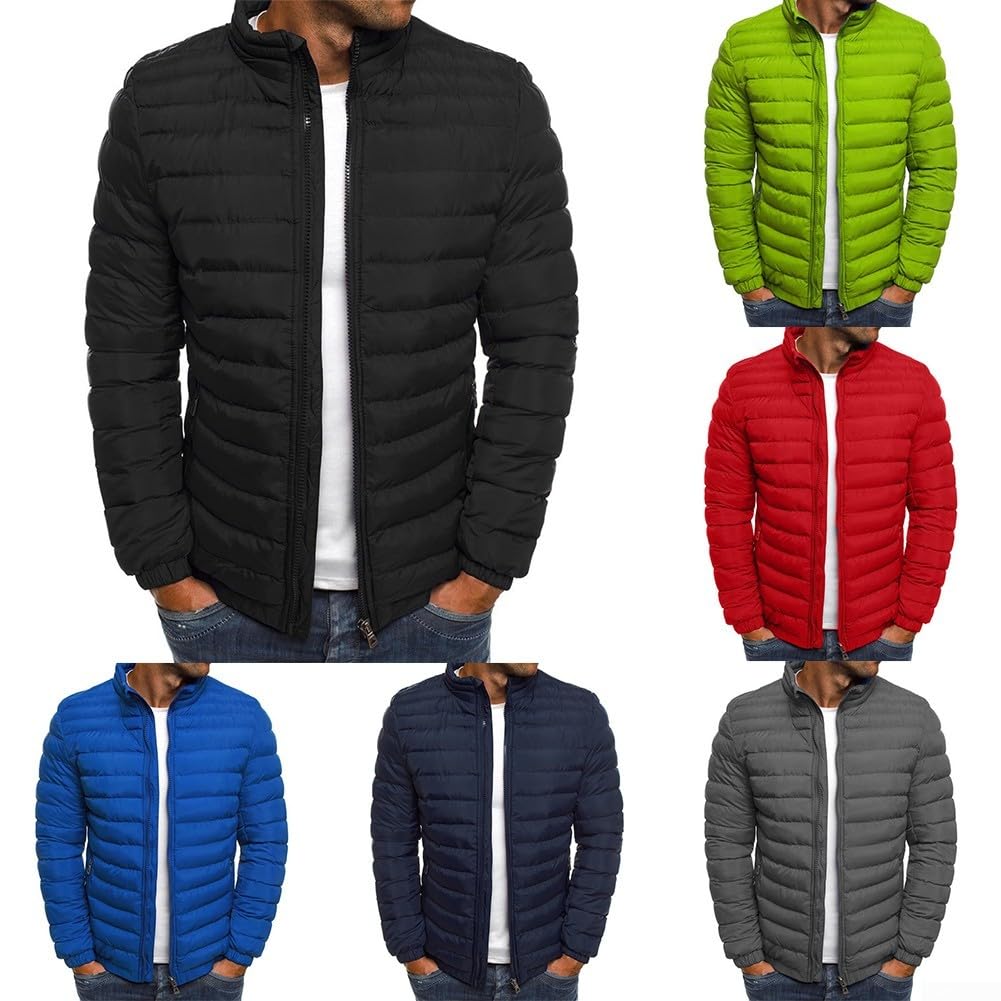 Chaqueta acolchada cálida de invierno para hombre, con cuello alto, cremallera, color sólido, portátil, acolchada, resistente al agua