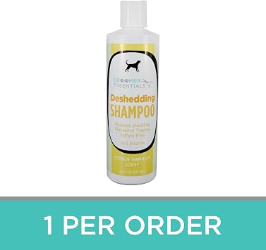 GROOMER ESSENTIALS Deshedding Shampoo 16 oz.- Sweet, Creamy, Citrus Fragrance - Formulated with Omega 3 & 6 Fatty Acids and Vitamin E - for All Coat Types
