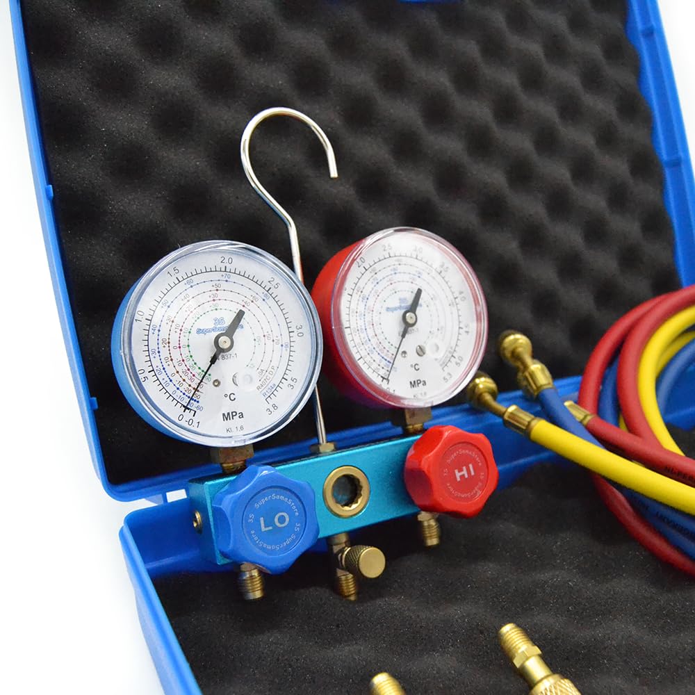 3S SuperSamaStore 2-Wege-Manometer-Satz im Koffer, Klimaanlagen-Manometer-Set für die Kältemittel R32, R410A, R407C, R134a, mit 3 Schläuchen (150 cm) mit 1/4" SAE-Anschlüssen und 2 5/16"-Adaptern