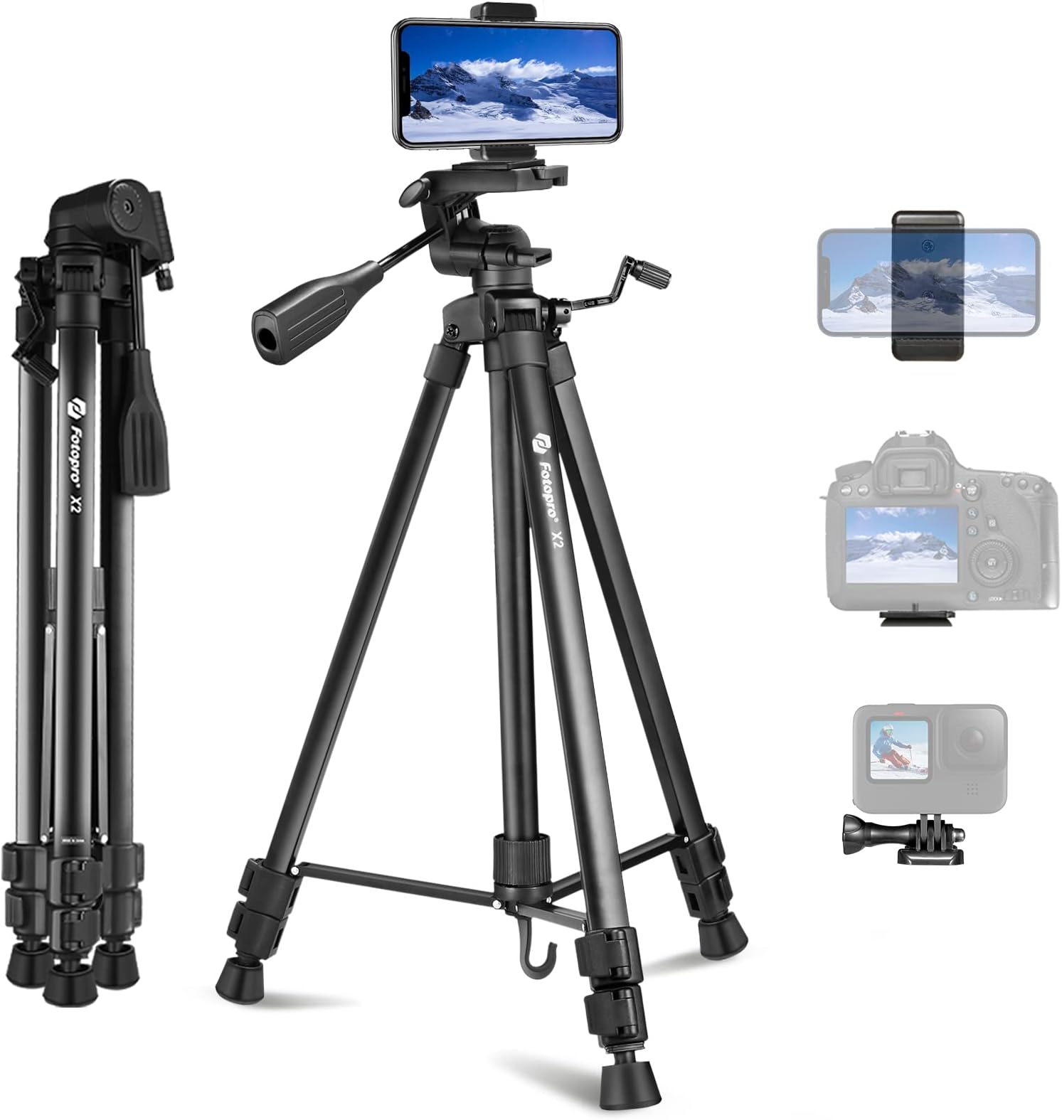 Fotopro Tripod for Camera, 61" Compact Portable Lightweight Phone Tripod, Travel Tripod and Phone Mount, Aluminium Video Camera Stand Tripod for iPhone DSLR Canon Nikon Recording