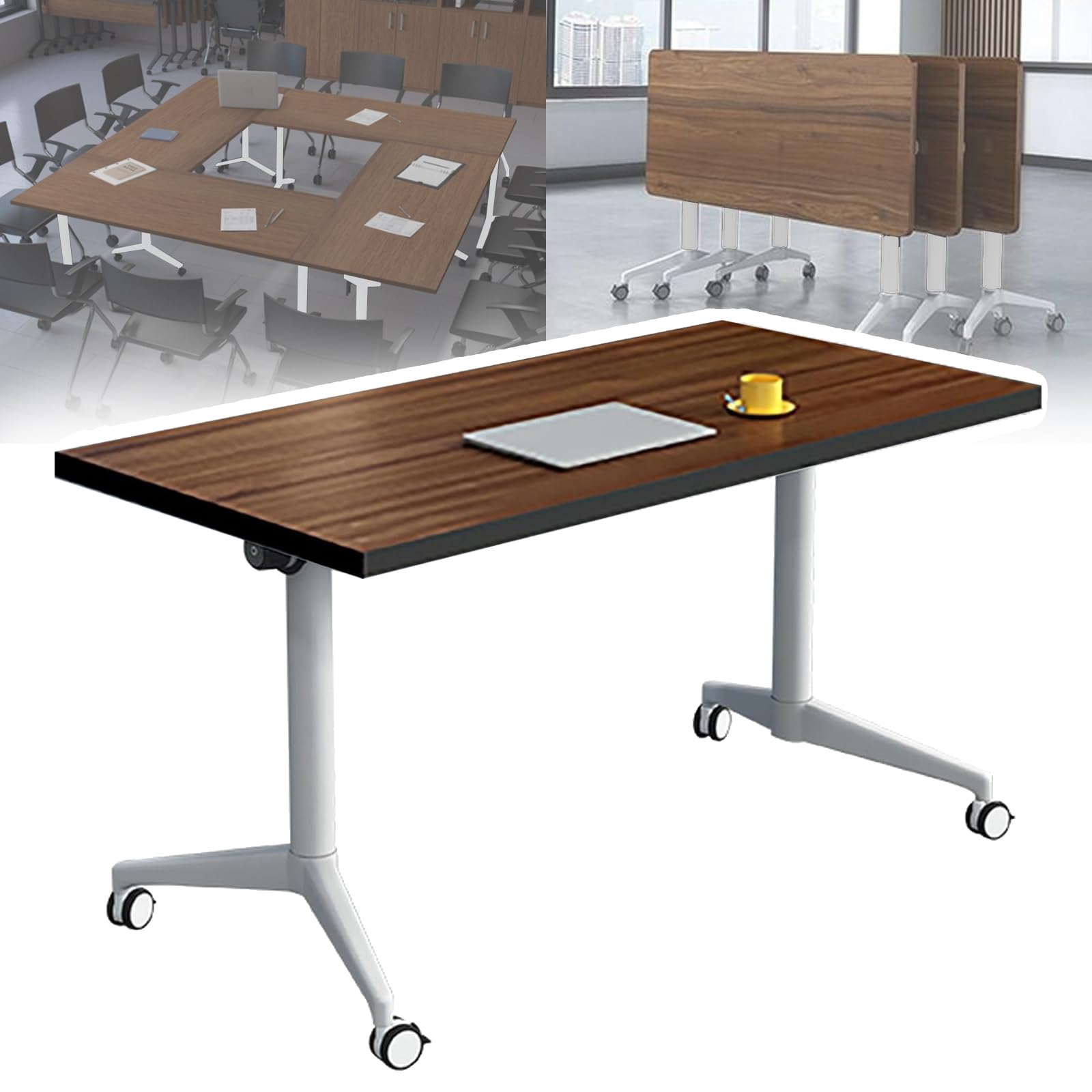 Htdre O Mobile Folding Conference Table Flip Top Training Table With Caster Wheels Rectangular Seminar Table For Meetings Portable Modular Conference Room Furniture