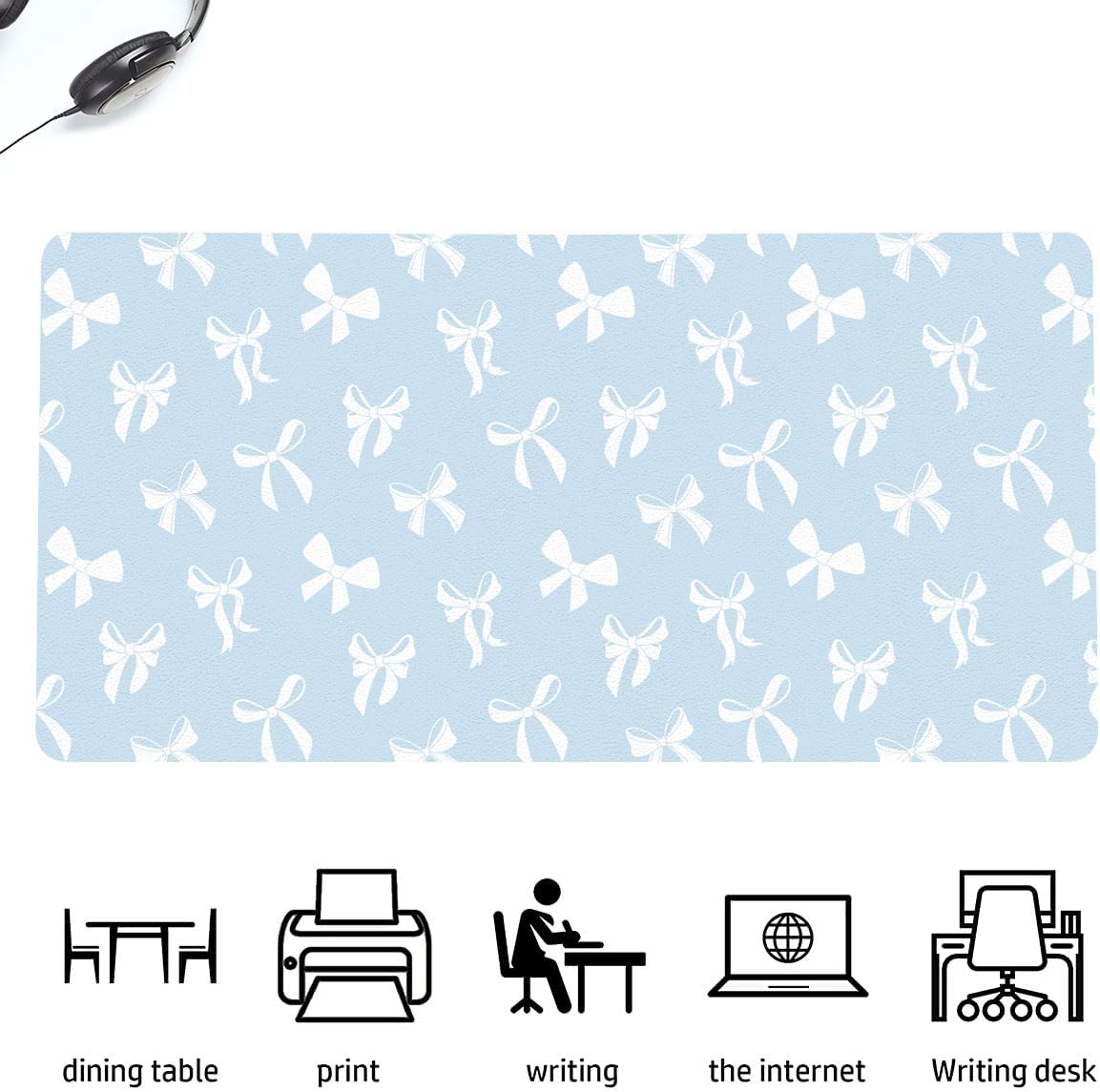 Cute Kawaii White Bow Blue Extended Gaming Keyboard Mouse Pad, Non-Slip Leather Home Office Desk Mat Protector