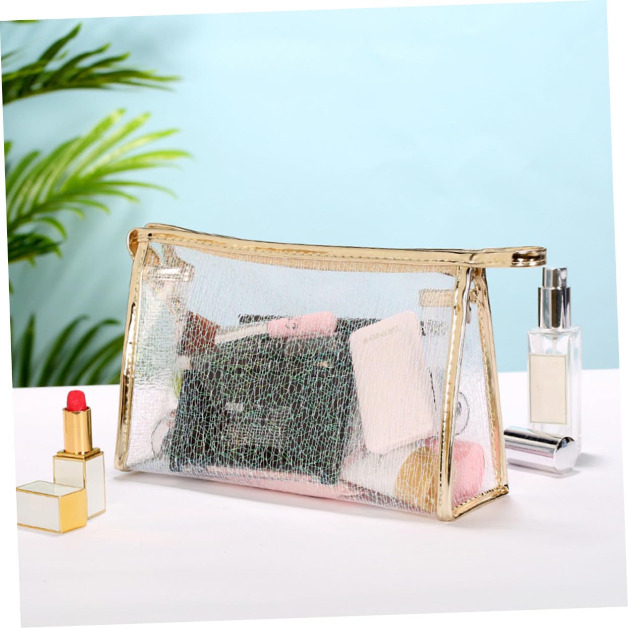 3 pezzi Pochette Trasparenti Tpu con Zip Organizer Beauty Case Viaggio Borsa Toilette Multifunzionale Portatile per Cosmetici e Toeletta Bianco Caffè Oro
